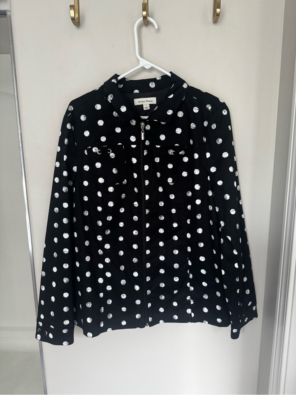 Studio Works Black White Polka Dot Zip Front Blouse Size L